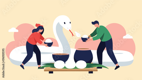 Artistic representation of two people making respectful offerings of rice to a giant white snake in a serene and stylized environment.