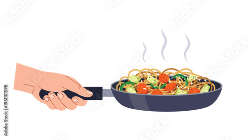 Human hand holding a frying pan with sizzling stir-fried noodles and fresh vegetables with realistic steam rising from the hot meal.