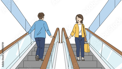 Man and woman making eye contact while passing each other on moving escalators in a modern shopping mall or station.