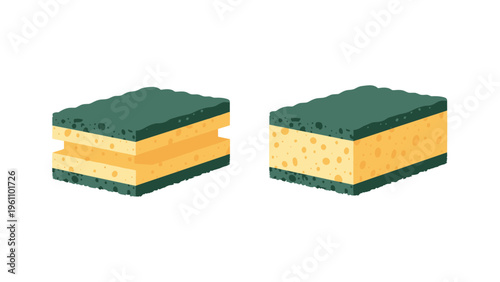 Pair of two layered cleaning sponges with a green abrasive surface and a yellow absorbent sponge for household chores.