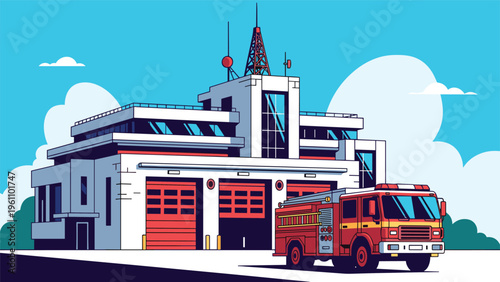 Modern fire station building with large red garage doors and a fire engine parked in front under a bright blue sky.