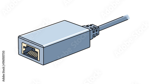 Detailed illustration of a grey ethernet network adapter cable for high speed internet connection and data transfer.