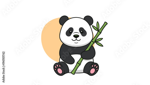 Cute giant panda sitting and holding a green bamboo stalk with a warm orange circular background element for design.