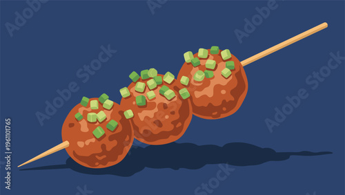 Three savory glazed meatballs seasoned with green onions on a wooden skewer casting a shadow on a dark blue background.