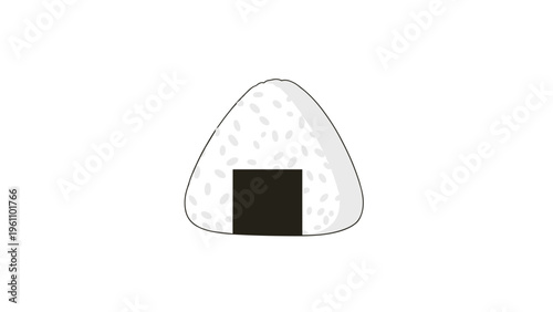 Simple Japanese onigiri rice ball wrapped with a square of dark seaweed nori at the bottom on a white background.