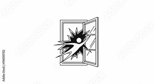 Shattered glass explodes outwards from an open window frame