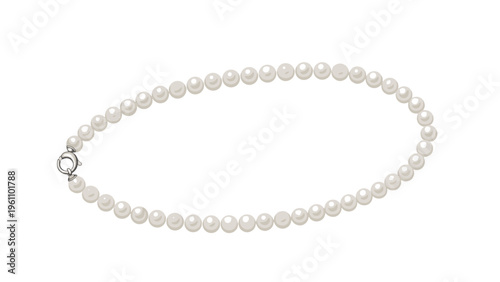 Elegant single strand pearl necklace with a silver clasp shown in a circular arrangement on a plain white background.