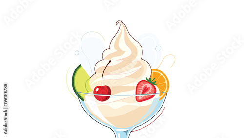 Delicious soft serve vanilla ice cream served in a glass dish decorated with fresh slices of melon, strawberry, and orange.