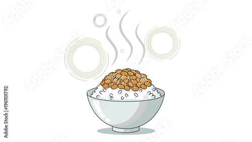 Traditional Japanese breakfast of fermented natto soybeans served over a bowl of steamed white rice with rising steam.