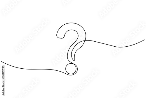 Minimalist continuous one line drawing of a question mark symbol on a white background. Perfect for FAQ, help, and curiosity concepts in a modern hand drawn style.