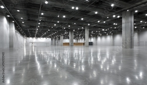 Expansive, brightly lit, empty convention hall with polished concrete floors reflecting lights