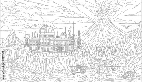 Research station cliff edge volcanic eruption landscape illustration