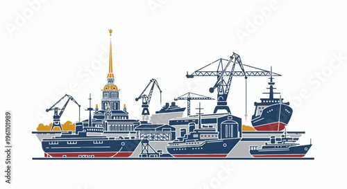 Ships and cranes in a stylized industrial harbor with a tall spire building