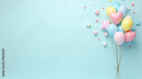 Pastel balloons with stars on blue background creating festive party mood. Cute colorful decoration with copy space, perfect for birthday, celebration, kids event, greeting card and design concepts