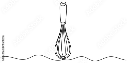 Single line drawing of a kitchen whisk tool for cooking and baking on a white background. Vector, illustration