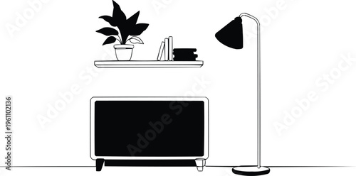 The vector illustration, made with straight lines, represents the clean and focused environment of the modern workplace.