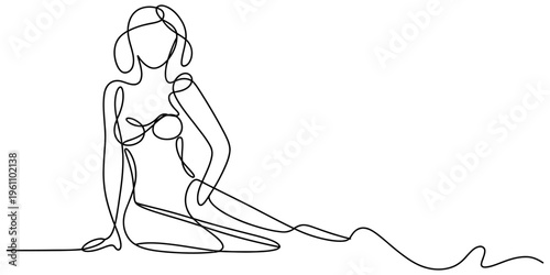 Minimalist continuous line art drawing of a woman in a bikini sitting gracefully on the beach Vector, illustration