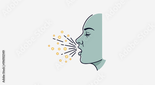 Side profile illustration of a person sneezing, expelling yellow droplets