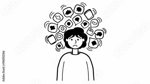 Overwhelmed person, social media icons, mental health concept, vector illustration