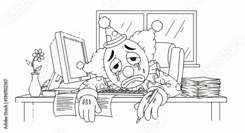 Sad clown working at a messy desk with computer, papers, and a flower
