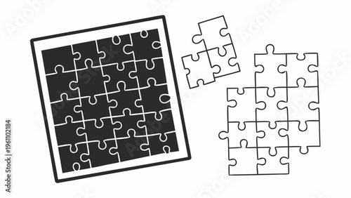 Jigsaw puzzle pieces, puzzle illustration, black and white vector, puzzle template, problem solving concept