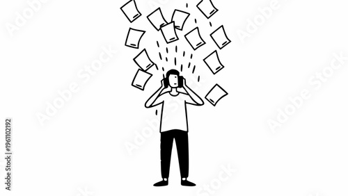 overwhelmed businessman, stressed employee, frustrated office worker, paperwork chaos