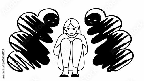 Sad girl, mental health, anxiety, depression, emotional distress, vector illustration