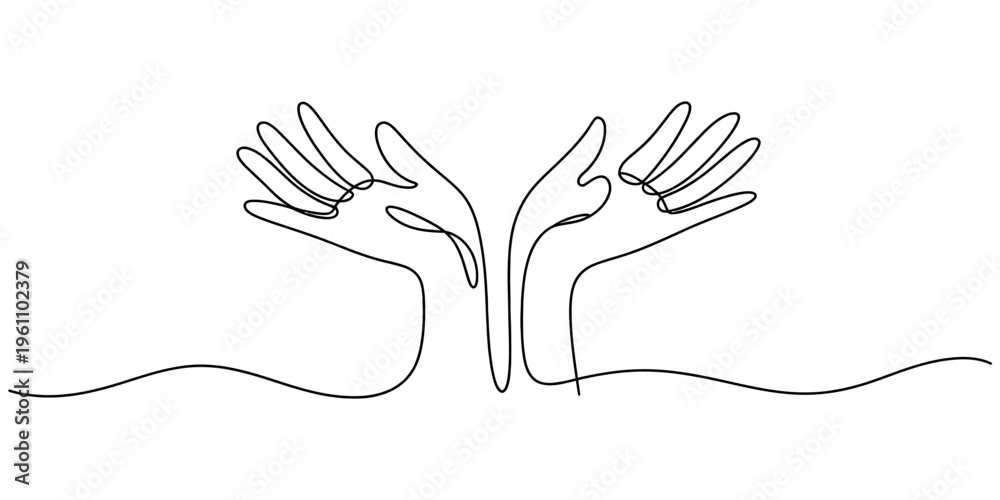 Obraz premium Continuous line drawing of two hands reaching out or holding something invisible on white background. Vector, illustration