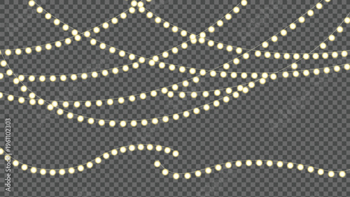 Yellow string lights on isolated transparent background for decoration
