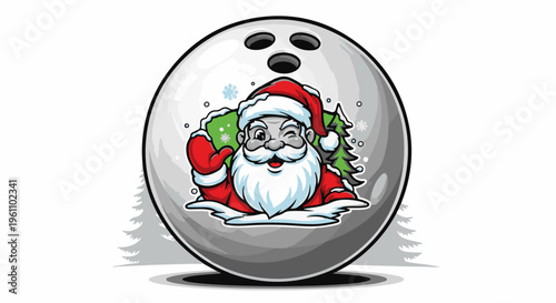 Santa Claus wink with gift bag and tree on a bowling ball