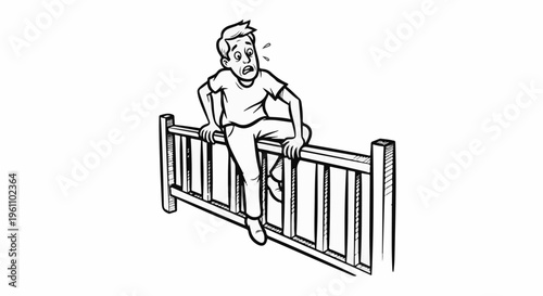 Scared person perched precariously on a wooden fence, eyes wide with fear
