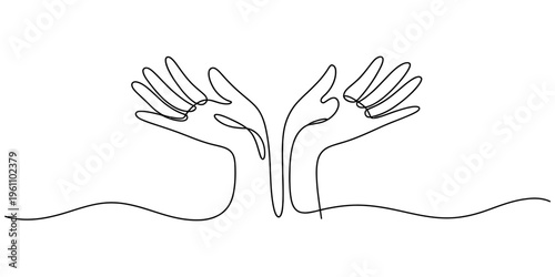 Continuous line drawing of two hands reaching out or holding something invisible on white background. Vector, illustration