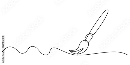 Continuous line drawing of a paintbrush creating a wavy artistic stroke on a white background. Vector, illustration