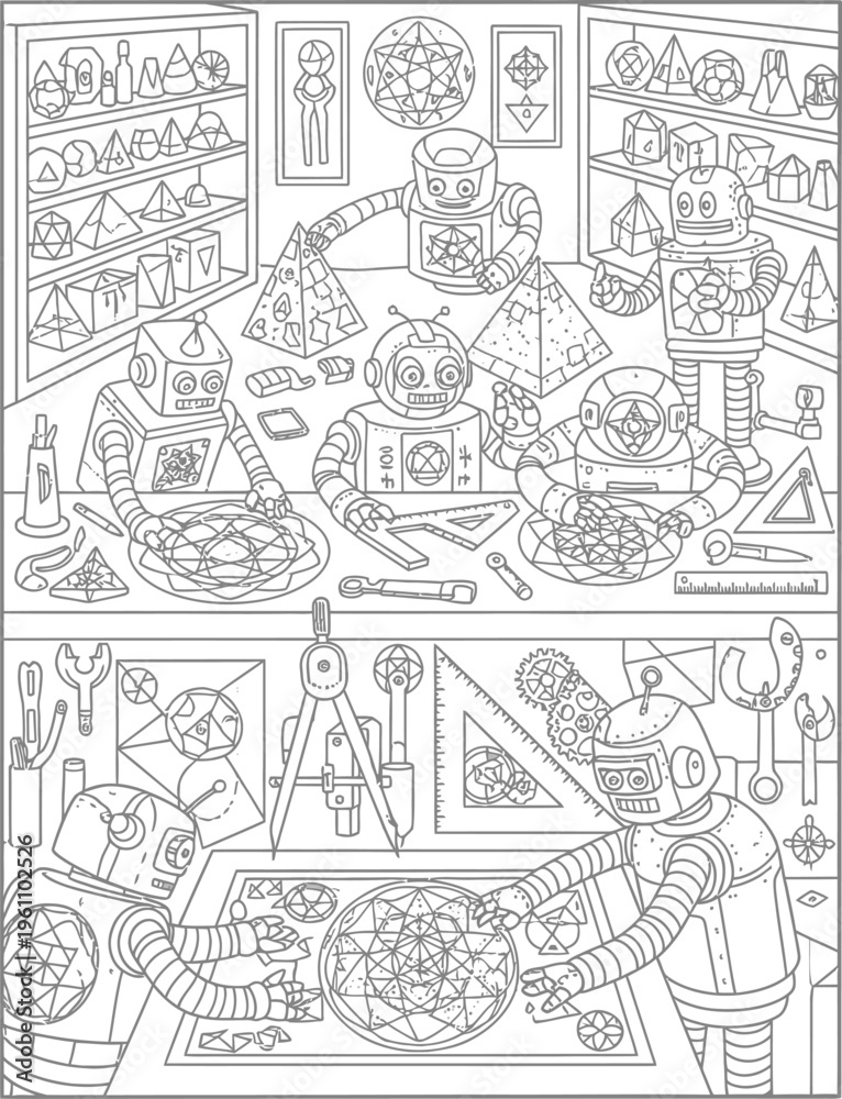 Fototapeta premium Friendly robots working in laboratory coloring page illustration