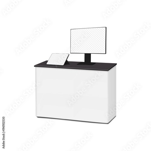 Table with monitor and ipad tablet stand with blank transparent screens. Realistic 3d vector mockup. Desktop digital display set on desk. Mock-up. Easy editable template