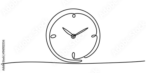 Continuous one line drawing of a clock icon isolated on a white background for time management. Vector, illustration