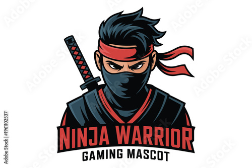 Ninja warrior gaming mascot logo design featuring fierce fighter with katana sword wearing red headband and mask for esports team identity