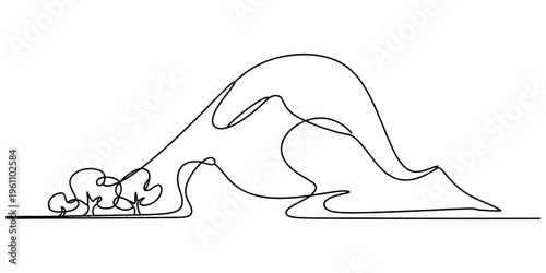 Continuous line drawing of a majestic mountain landscape with a cluster of trees in the foreground Vector, illustration