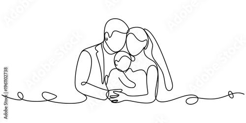 Continuous line drawing of a happy family with father mother and baby in minimalist style Vector, illustration