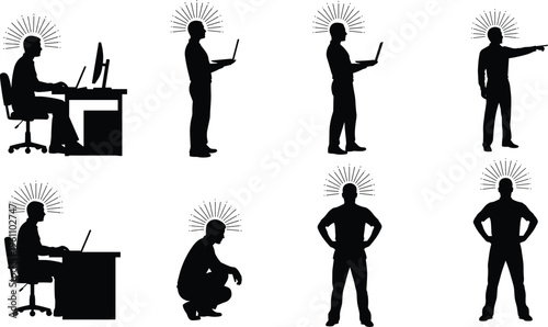 Black silhouette set of men working on laptops and thinking with glowing light rays on head, creative mind and brainstorming vector.