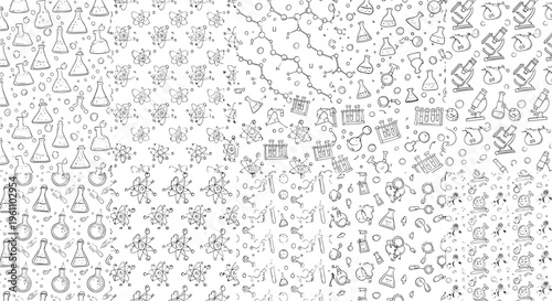 Science Doodle Pattern Background with Chemistry Flasks, Atoms, Molecules, Microscope, and Laboratory Hand Drawn Seamless Vector Pattern Design
