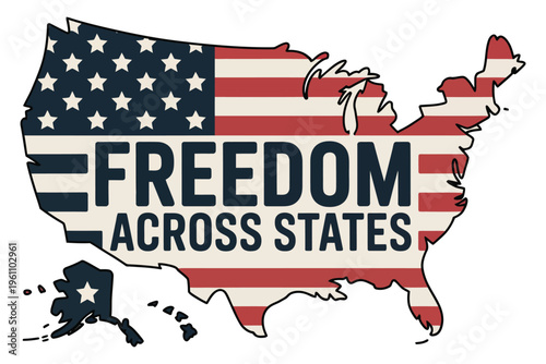 United states map silhouette filled with american flag design and patriotic text for freedom across states concept