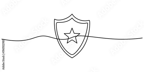 Continuous line drawing of a protection shield with a star icon for security and safety. Vector, illustration