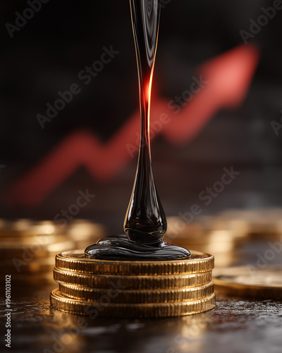 Wallpaper Mural Liquid Gold: A stream of thick, black crude oil flows onto a stack of gold coins against a backdrop of a rising red arrow, symbolizing the vital connection between oil and financial growth.  Torontodigital.ca