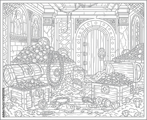 Treasure room overflowing with gold coins and jewels