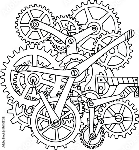 Intricate clockwork gears mechanism illustration outline