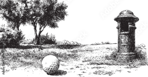 Close-up vector illustration of golf equipment on a golf course. This vector illustration can be used in any size you like for advertising, logos, and other work.