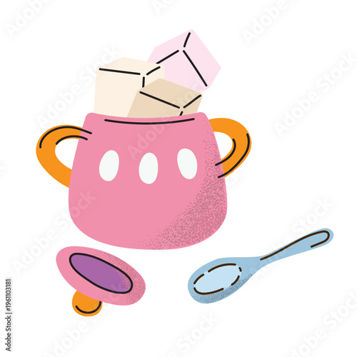 Sugar bowl with sugar cubes vector. Pink ceramic pot with refined sugar and spoon for kitchen cafe decor, sweet breakfast and tea time illustration.