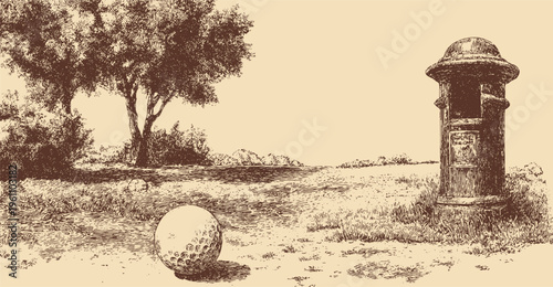 Close-up vector illustration of golf equipment on a golf course. This vector illustration can be used in any size you like for advertising, logos, and other work.