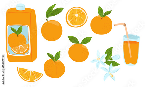Orange set with fresh fruit. Orange pack, glass with straw, citrus slices and flowers elements, icon, sticker for healthy breakfast menu, kitchen decor and market branding